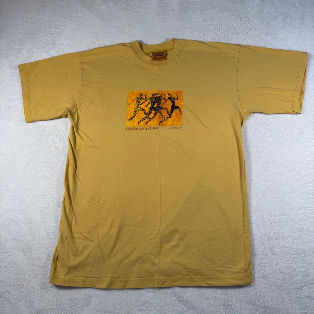 Zoe Athens Marathon T-Shirt Mens Large Yellow Greek Graphic Cotton
